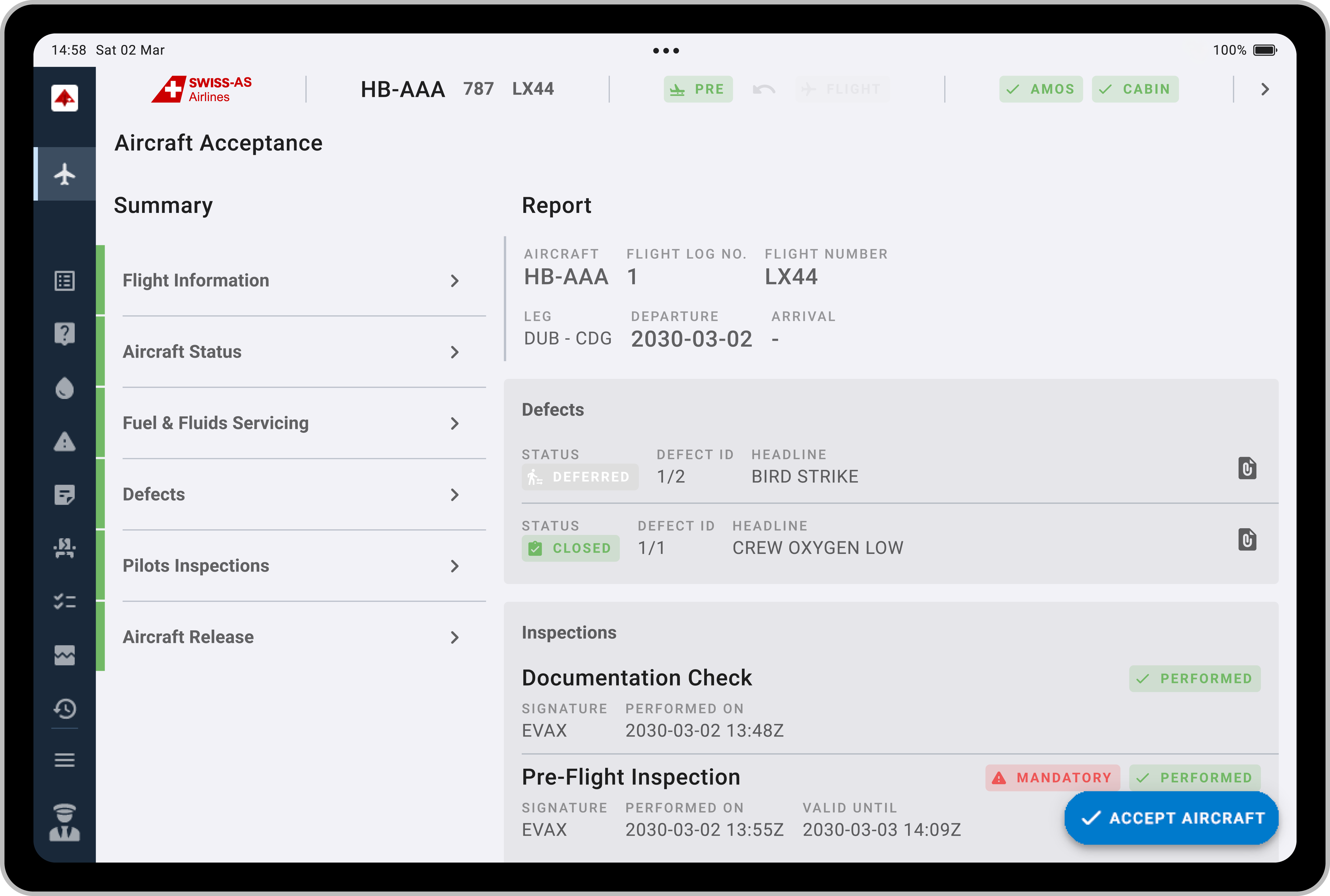 AMOSeTL Pilot Aircraft Acceptance Screenshot