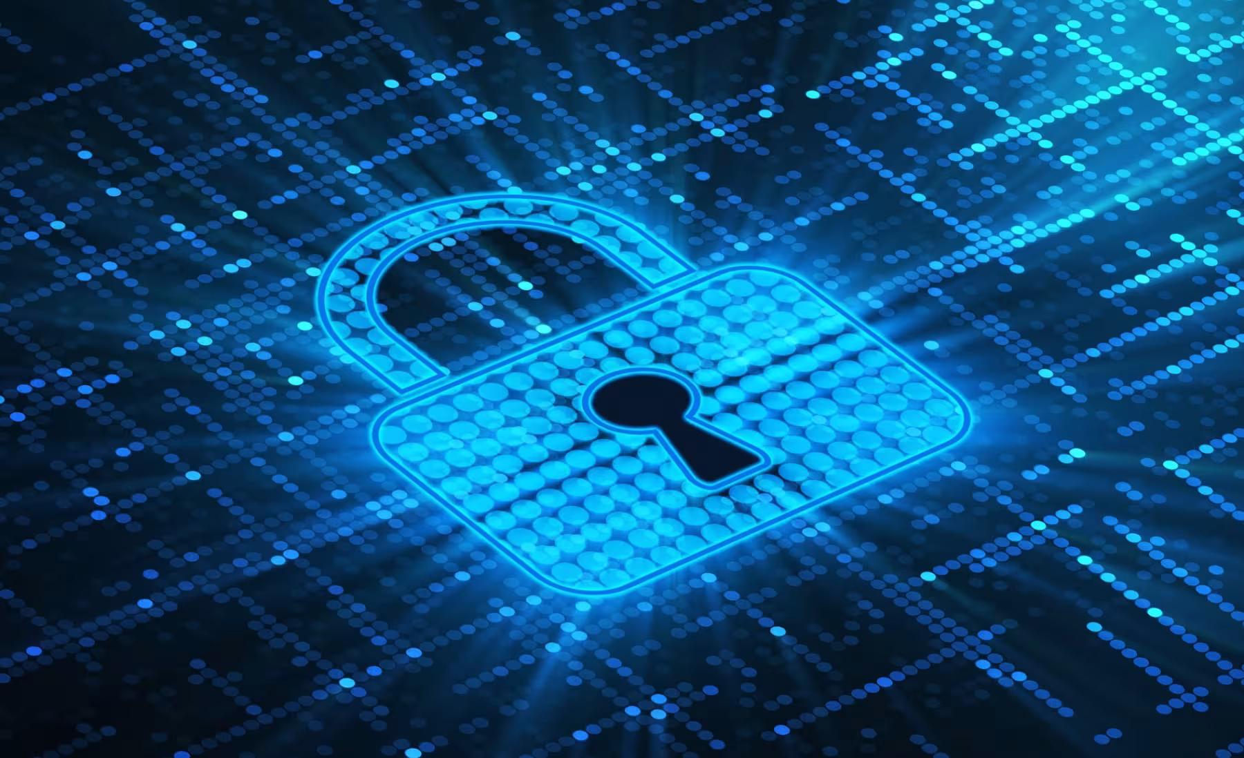 Digital lock symbol glowing in blue, set against a dark background filled with a grid of interconnected dots and lines, resembling a digital circuit.