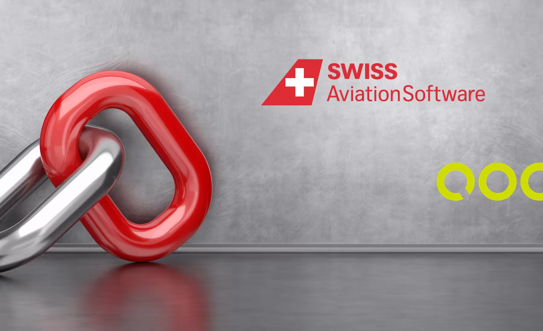 A silver and red interlocked chain link is positioned against a gray wall with two logos to the right. The top logo shows a red plane tail with a white cross and the text 'Swiss Aviation Software' in red. Below it is a bright yellow 'QOCO' logo, featuring circular and rounded letters.