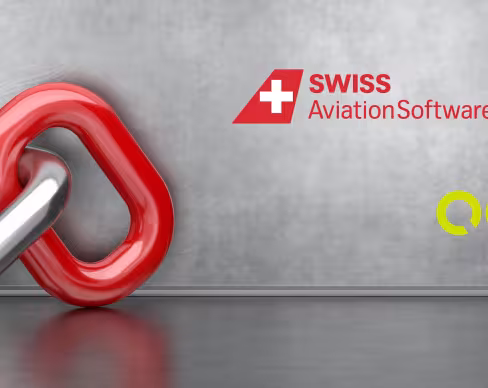 A silver and red interlocked chain link is positioned against a gray wall with two logos to the right. The top logo shows a red plane tail with a white cross and the text 'Swiss Aviation Software' in red. Below it is a bright yellow 'QOCO' logo, featuring circular and rounded letters.