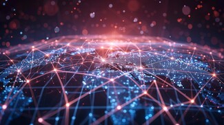 A digital rendering of a glowing, interconnected network spanning across the Earth's surface. The image highlights various global connection points with blue and red lights and lines, symbolizing a vast data or communication network. The focus appears to be on Africa, Europe, and the surrounding regions.